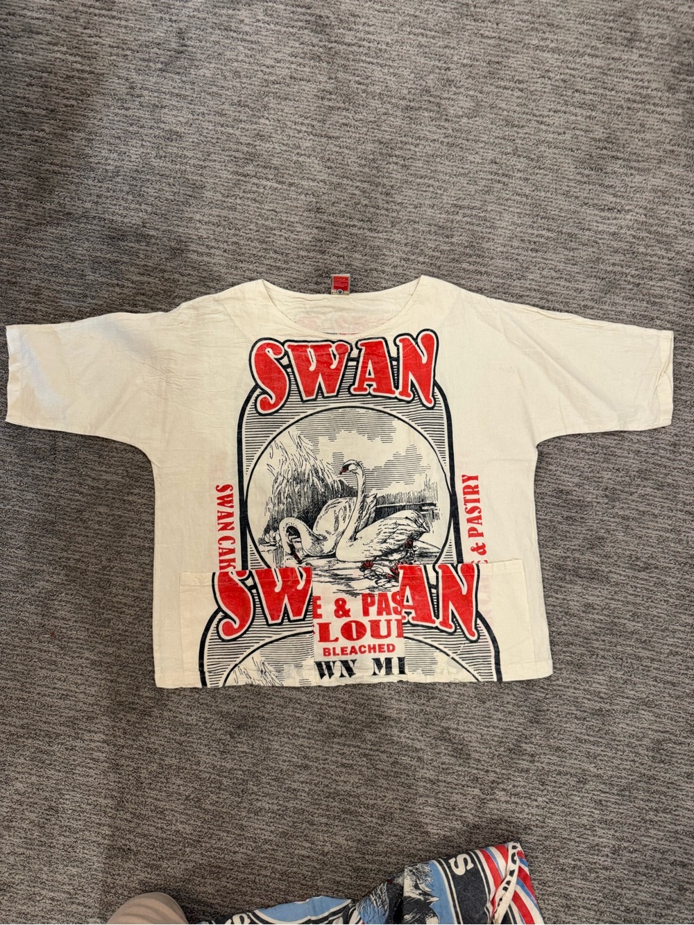 Vintage Ivory Swan Graphic Tunic with Red & Black Print